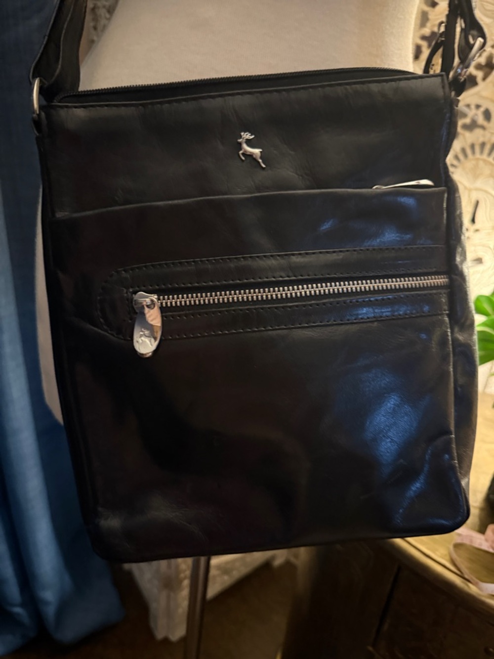 Black Leather Crossbody with Front Zip Pocket and Deer Logo